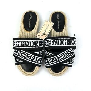 BCBGeneration Maya Flat Slides 6 Espadrille Black White Shoes Womens New